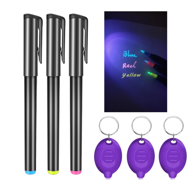 Daemson Invisible Ink Pen  Spy Pen with 3 PCS Mini UV LED Keychain Flashlight  Disappearing Ink Magic Pen with Black Light Markers for Secret Notes  Fit for Christmas Halloween Holiday Gifts (3 PCS) - Image 1